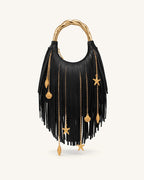 Chloe Metal Handle Fringe Top Handbag - Black
