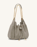 Rowan Faux Suede Quilted Chain Bucket Bag - Gray