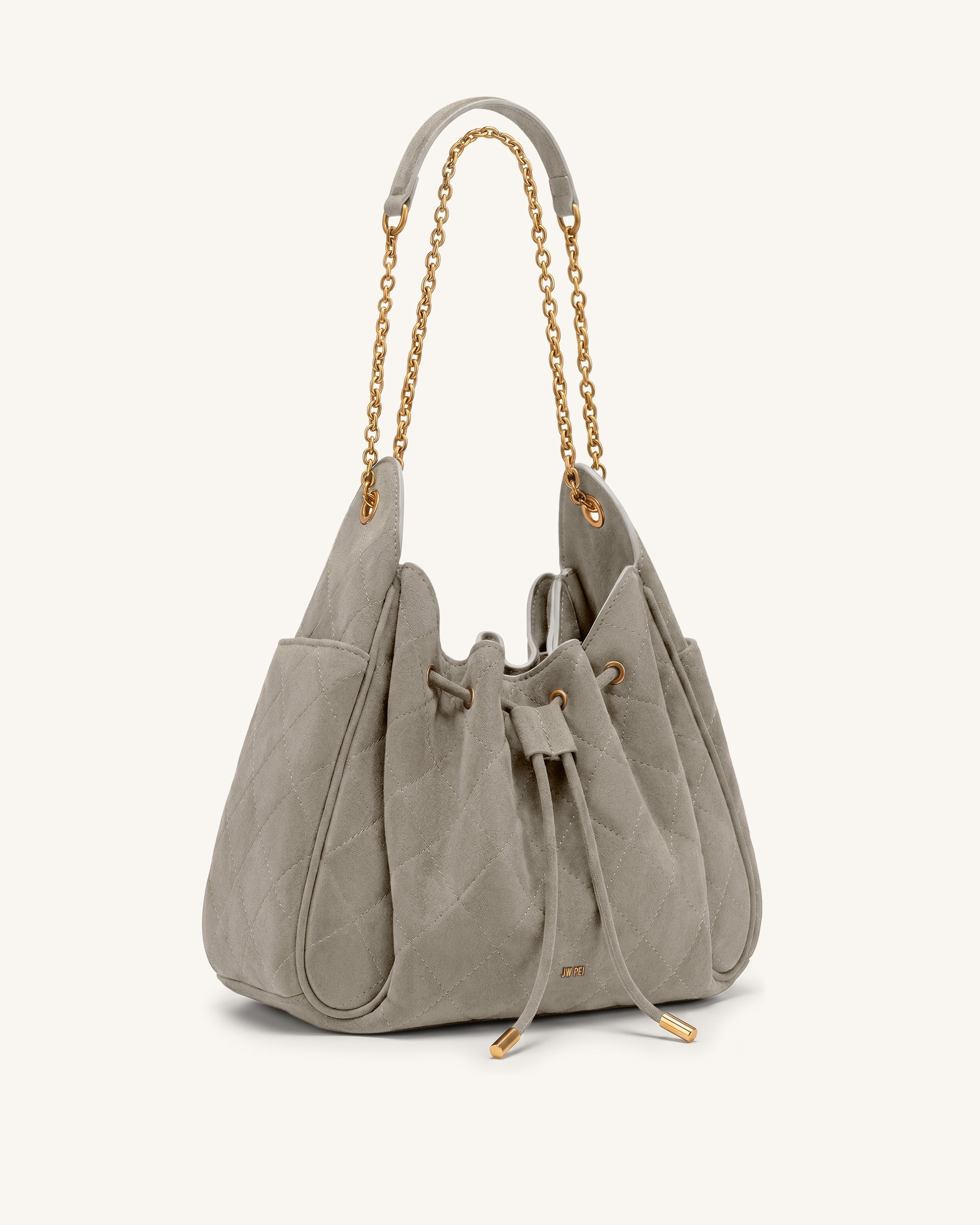 Rowan Faux Suede Quilted Chain Bucket Bag - Gray