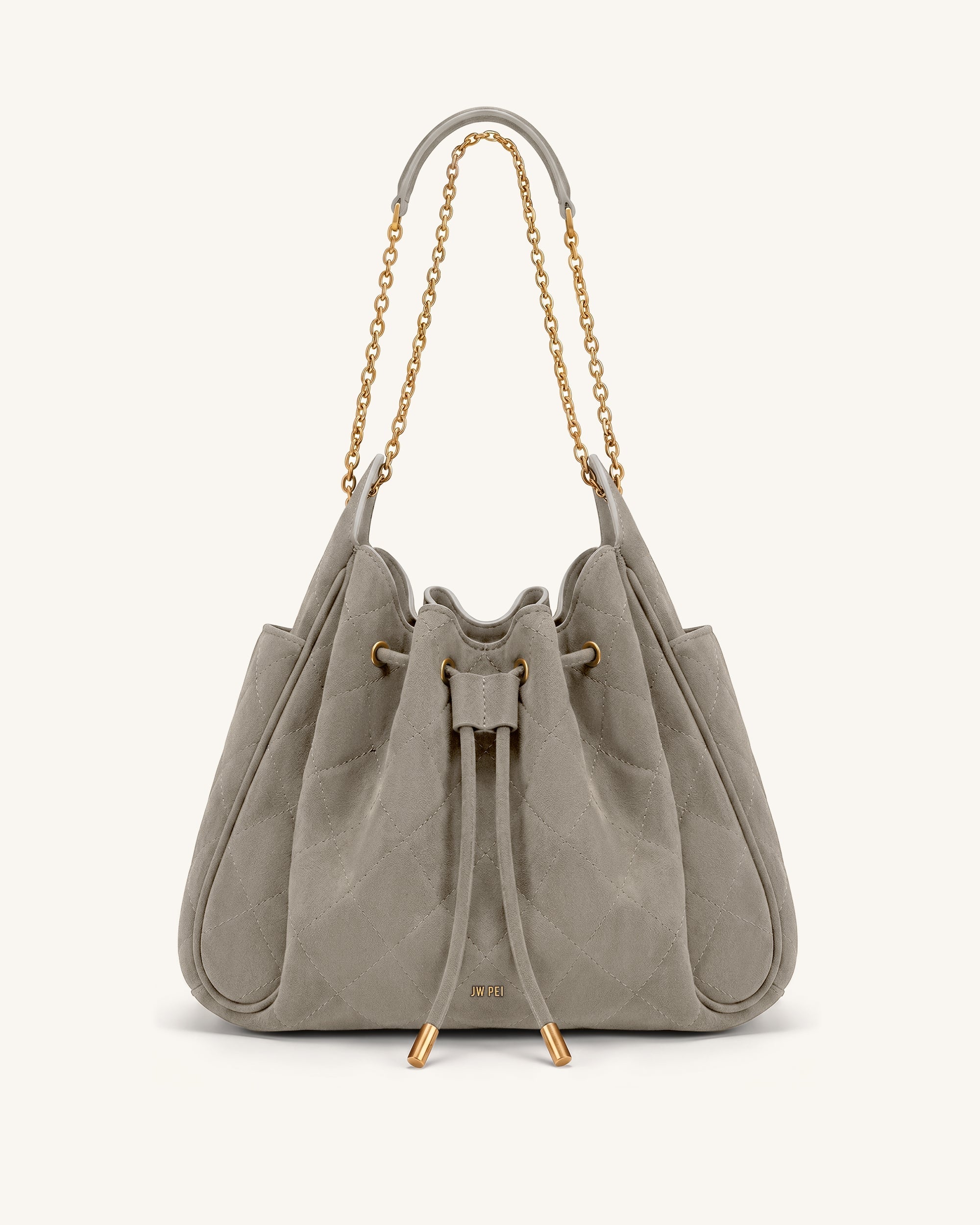 Rowan Faux Suede Quilted Chain Bucket Bag - Gray