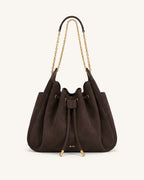 Rowan Faux Suede Quilted Chain Bucket Bag - Dark Brown