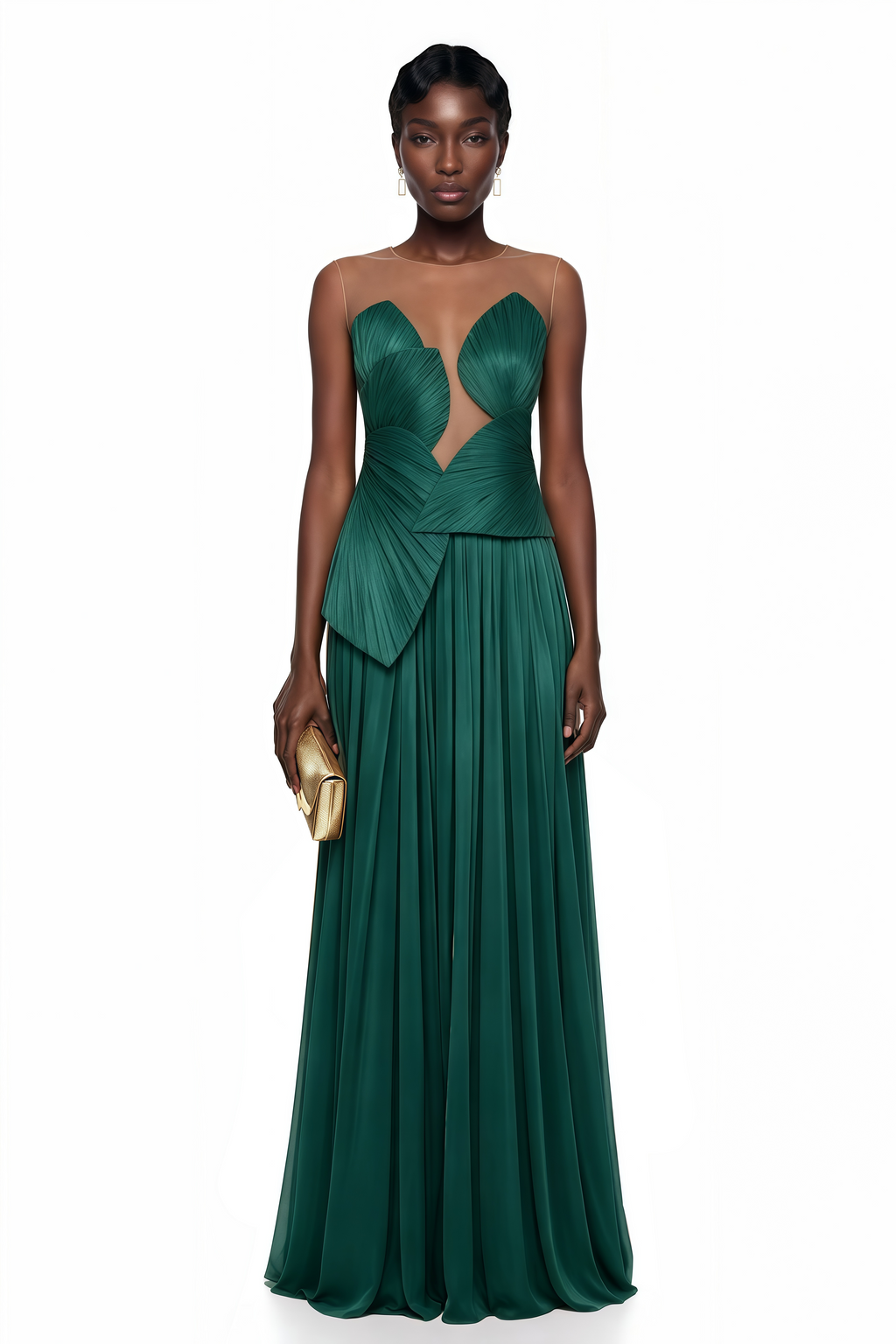 Vestido maxi verde Dalila sin espalda, asimétrico y fruncido