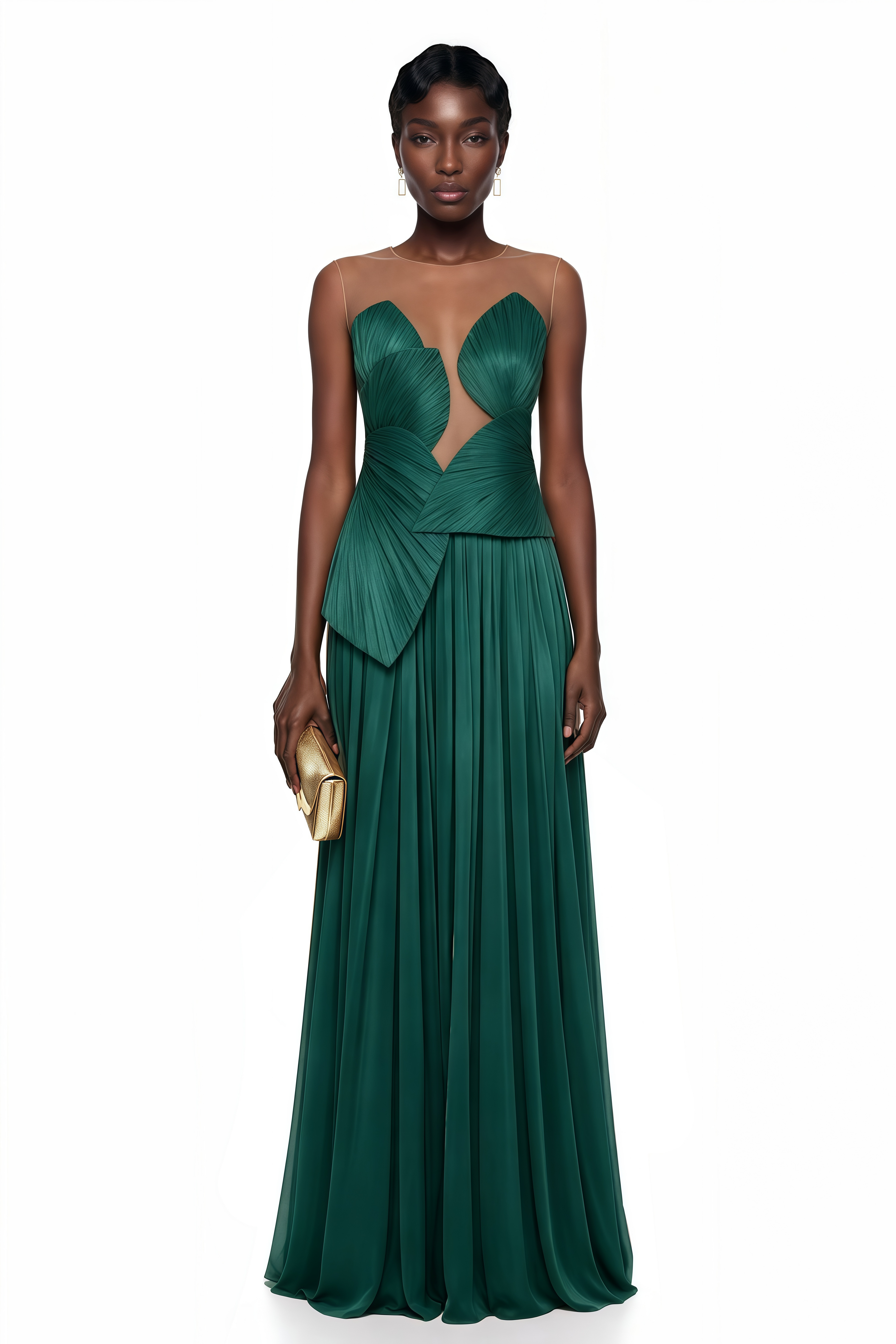 Vestido maxi verde Dalila sin espalda, asimétrico y fruncido