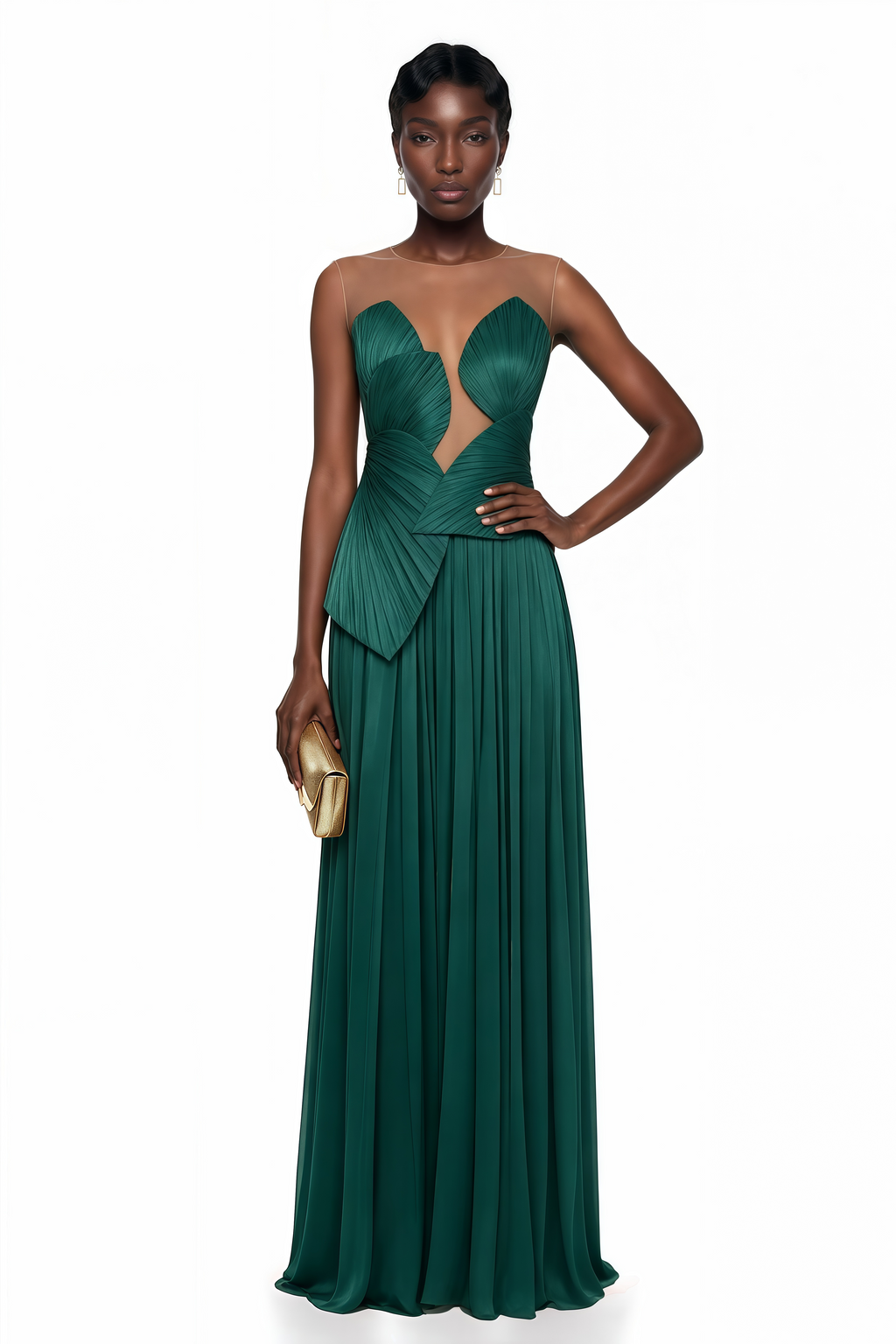 Vestido maxi verde Dalila sin espalda, asimétrico y fruncido