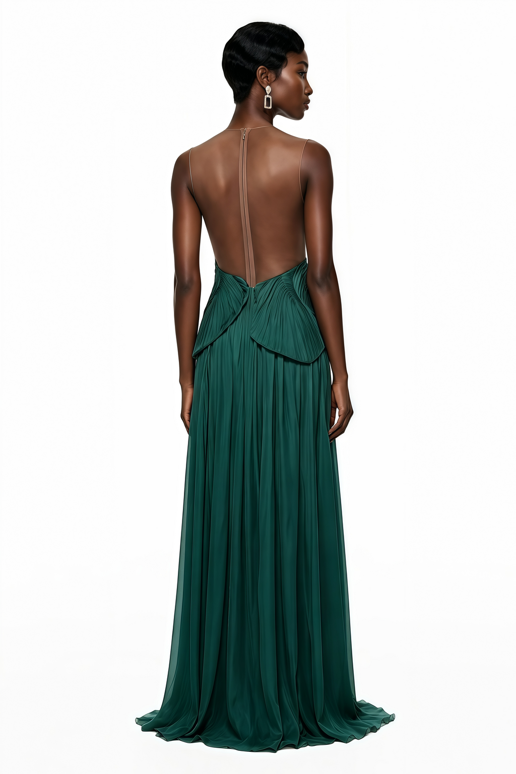 Vestido maxi verde Dalila sin espalda, asimétrico y fruncido