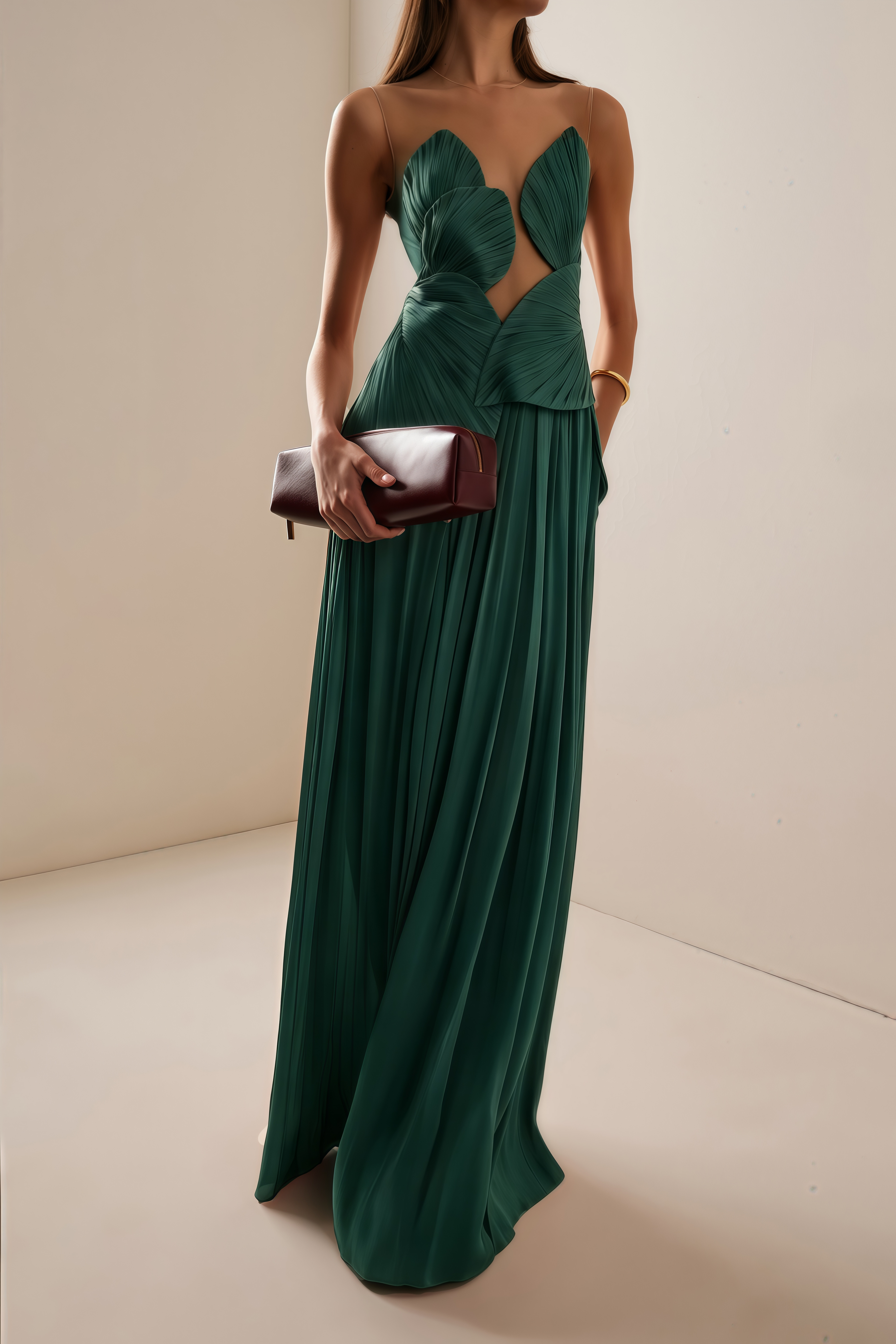 Vestido maxi verde Dalila sin espalda, asimétrico y fruncido