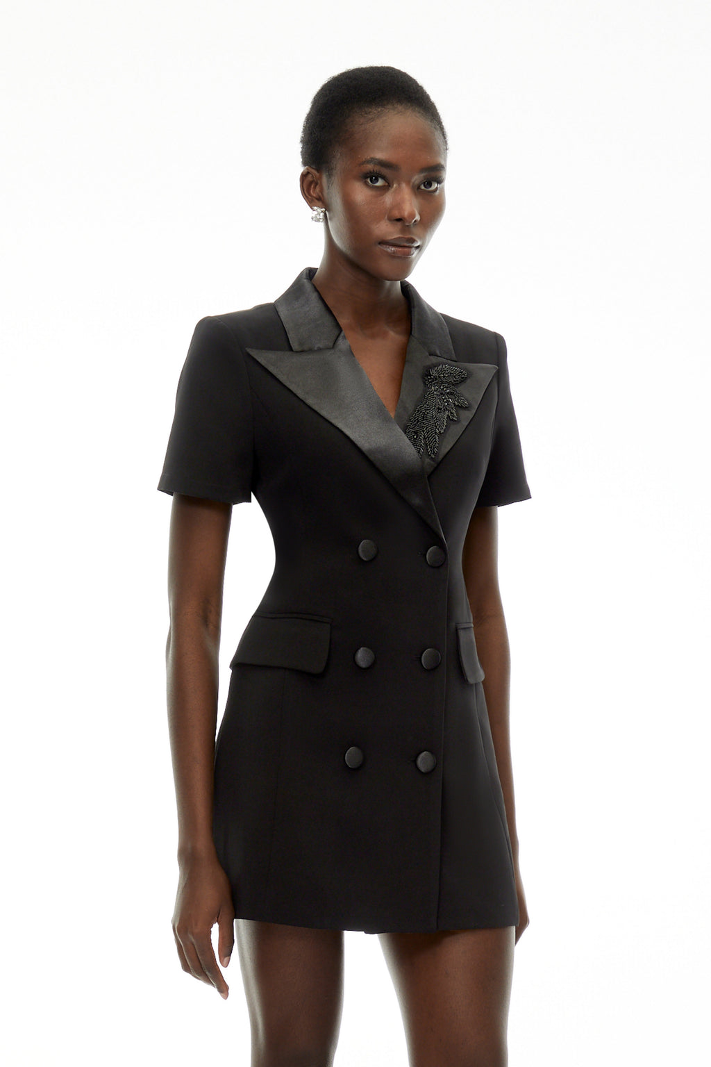 Daniella Negro Vestido-blazer Bordado con Doble Botonadura