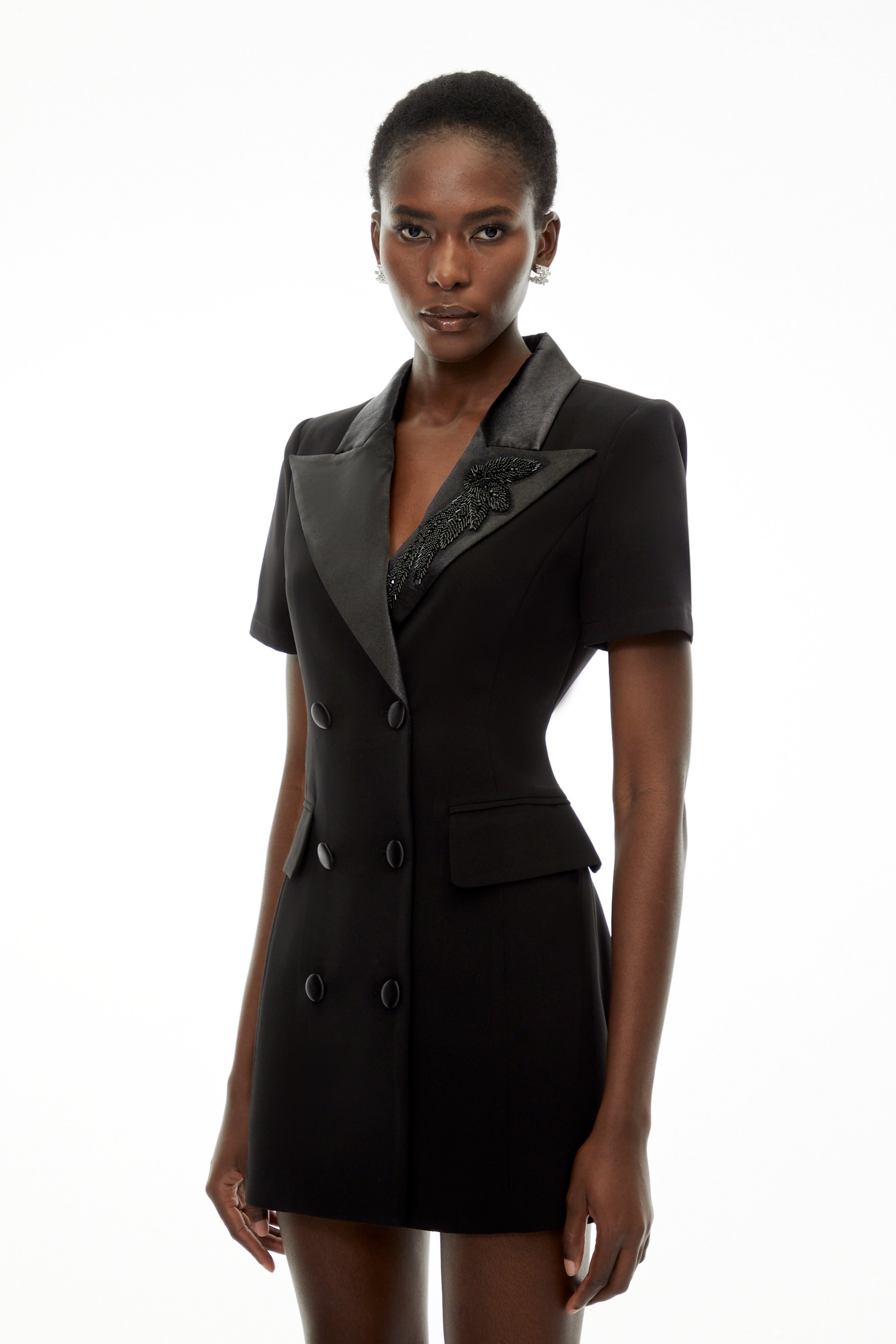 Daniella Negro Vestido-blazer Bordado con Doble Botonadura