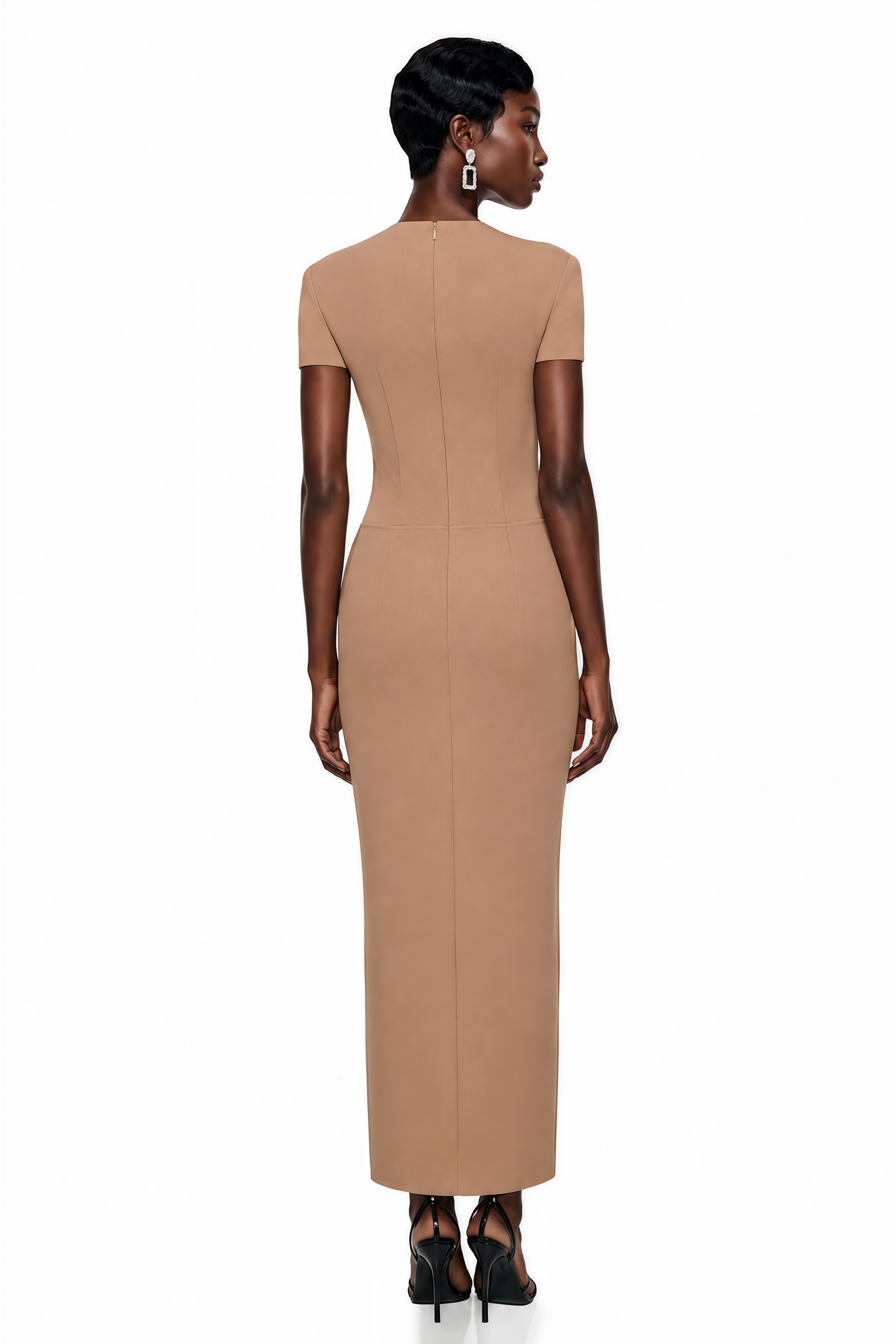 Fahire Marrón Vestido Midi con Escote en V Profundo y Lazo del Propio Tejido