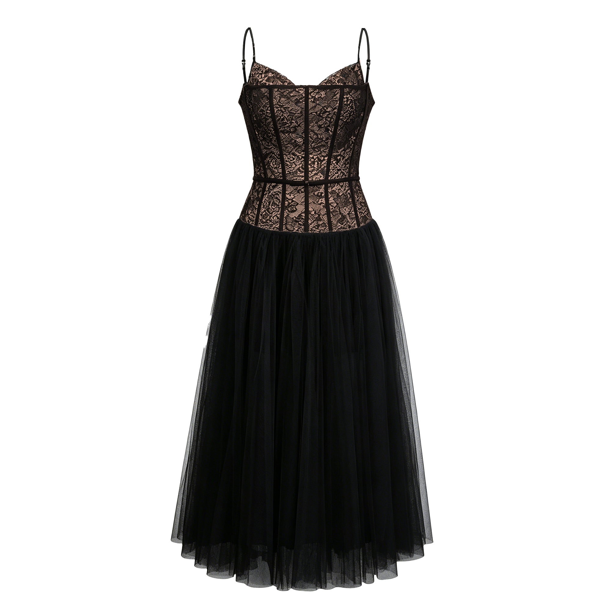 Feriha Vestido midi plisado con corsé de encaje negro