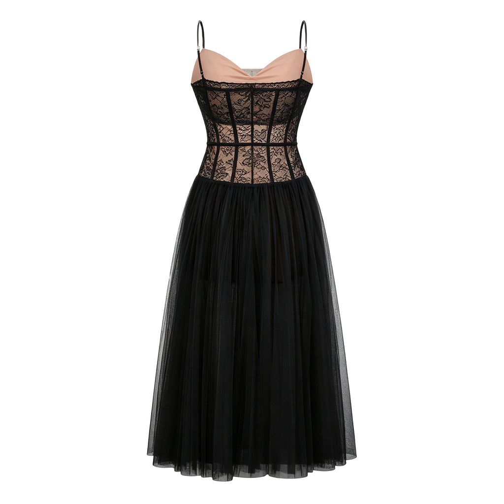 Feriha Vestido midi plisado con corsé de encaje negro