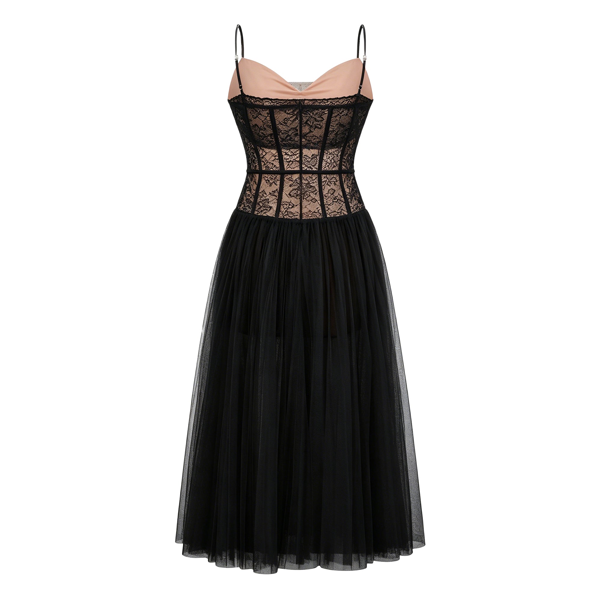 Feriha Vestido midi plisado con corsé de encaje negro