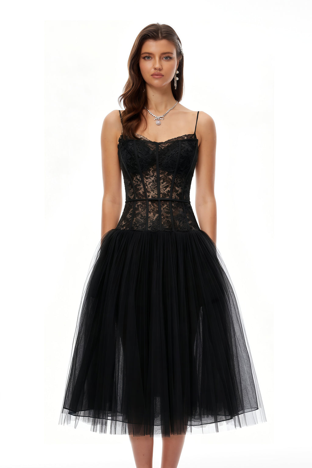 Feriha Vestido midi plisado con corsé de encaje negro
