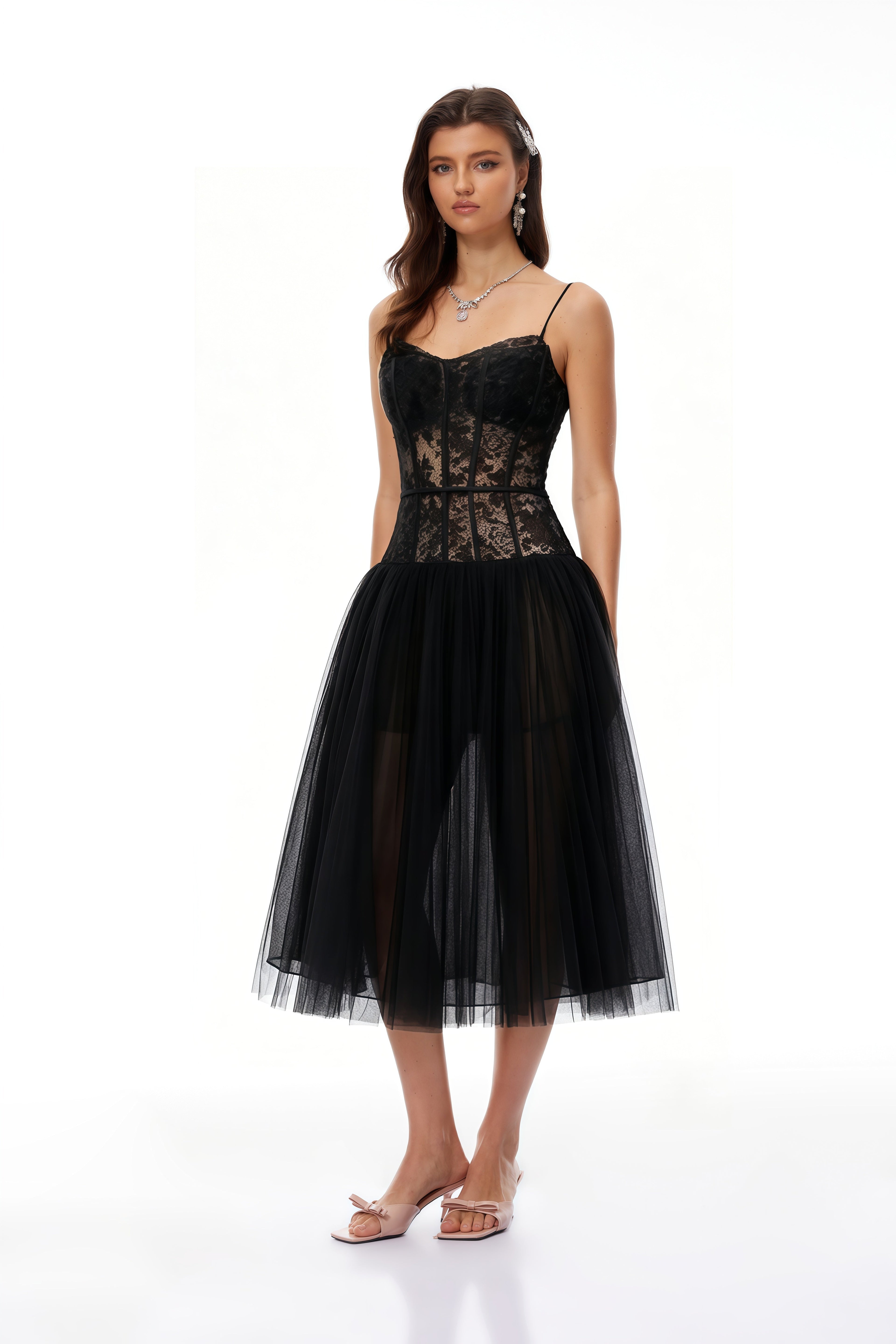 Feriha Vestido midi plisado con corsé de encaje negro