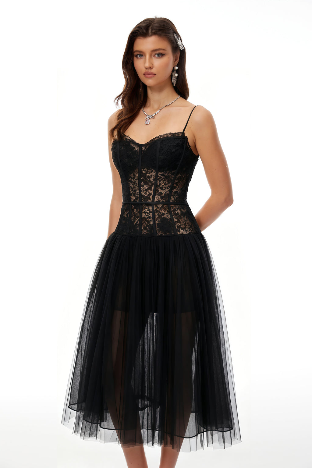 Feriha Vestido midi plisado con corsé de encaje negro