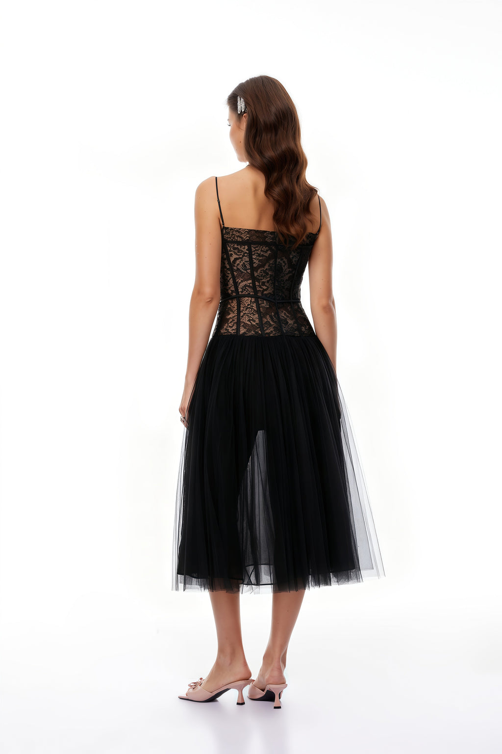 Feriha Vestido midi plisado con corsé de encaje negro
