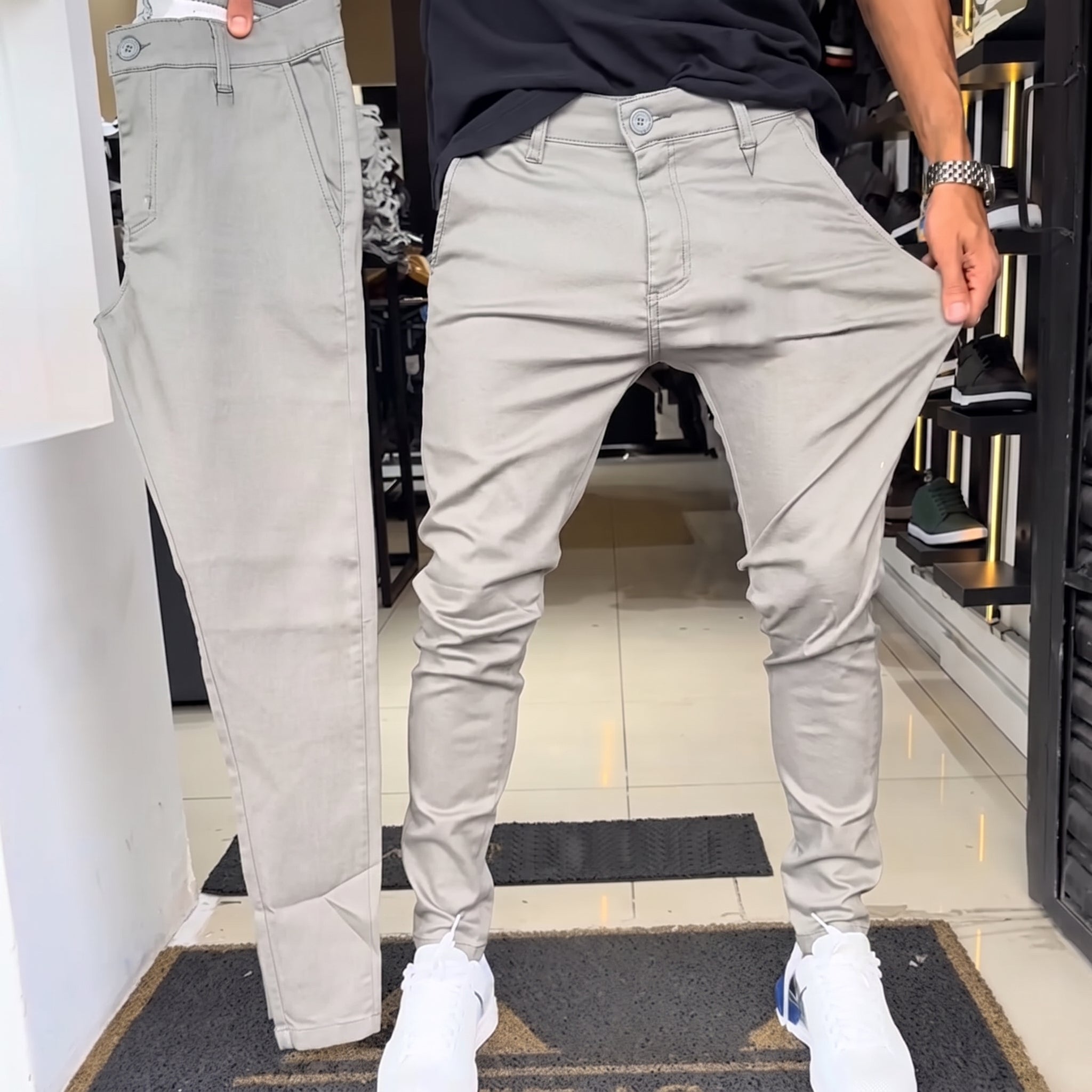Pantalones informales de corte ajustado para hombre, de color liso (50 % de descuento)