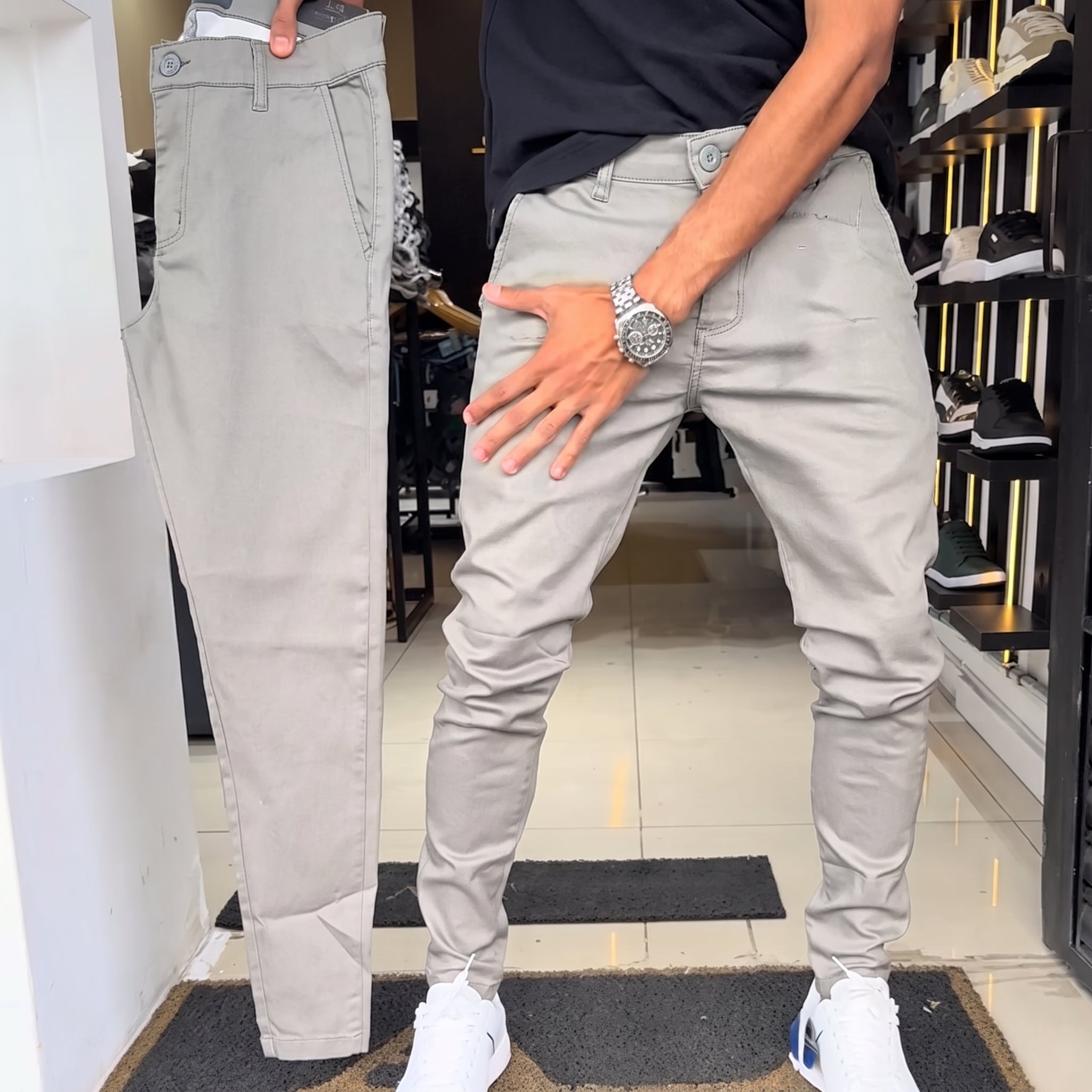 Pantalones informales de corte ajustado para hombre, de color liso (50 % de descuento)