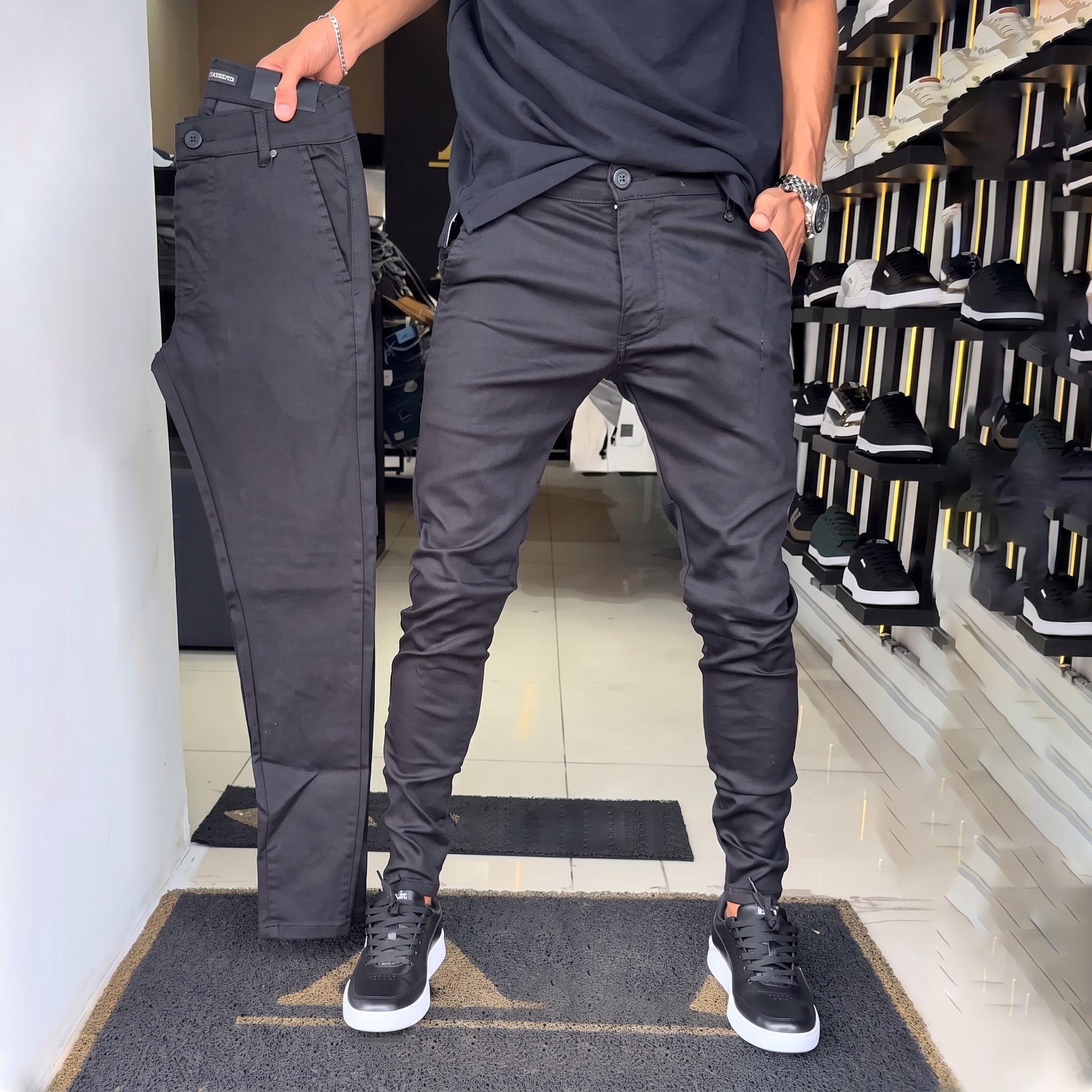Pantalones informales de corte ajustado para hombre, de color liso (50 % de descuento)