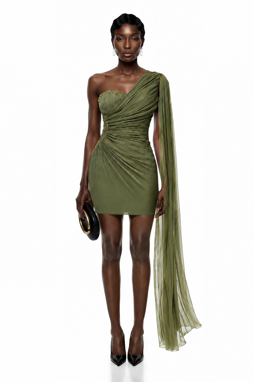 Katrin Vestido mini verde de un solo hombro fruncido