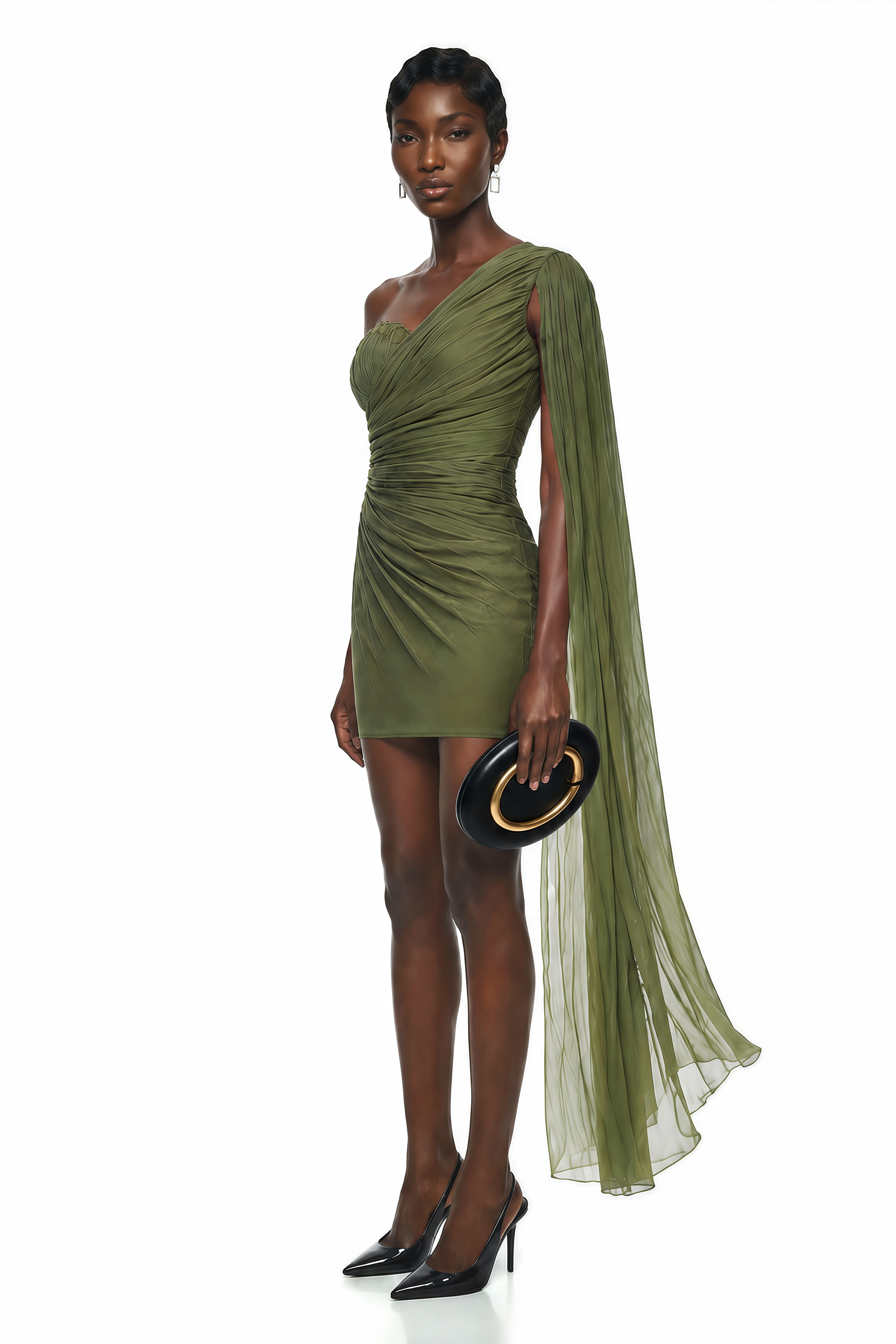 Katrin Vestido mini verde de un solo hombro fruncido
