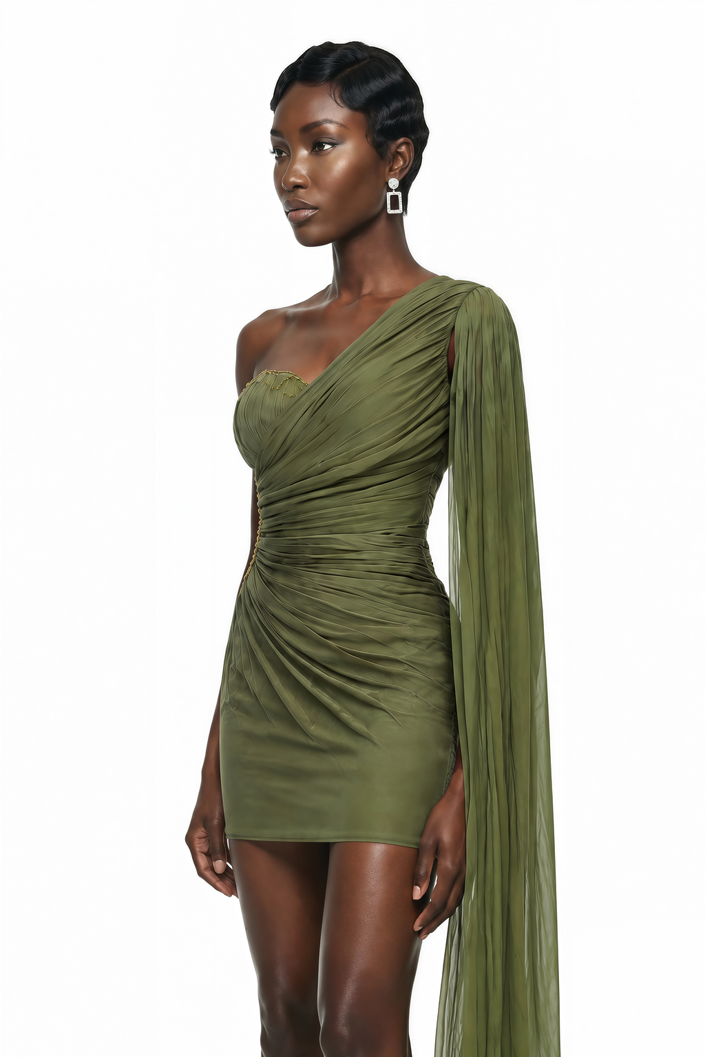 Katrin Vestido mini verde de un solo hombro fruncido