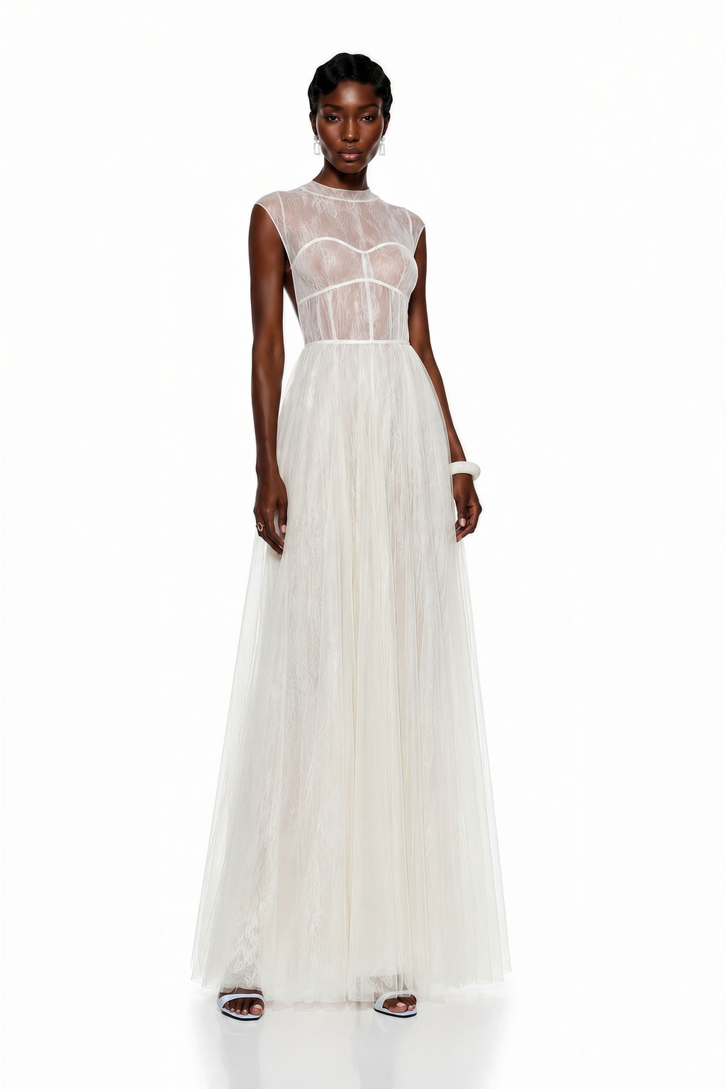 Vestido midi de tul crema semitransparente Mila