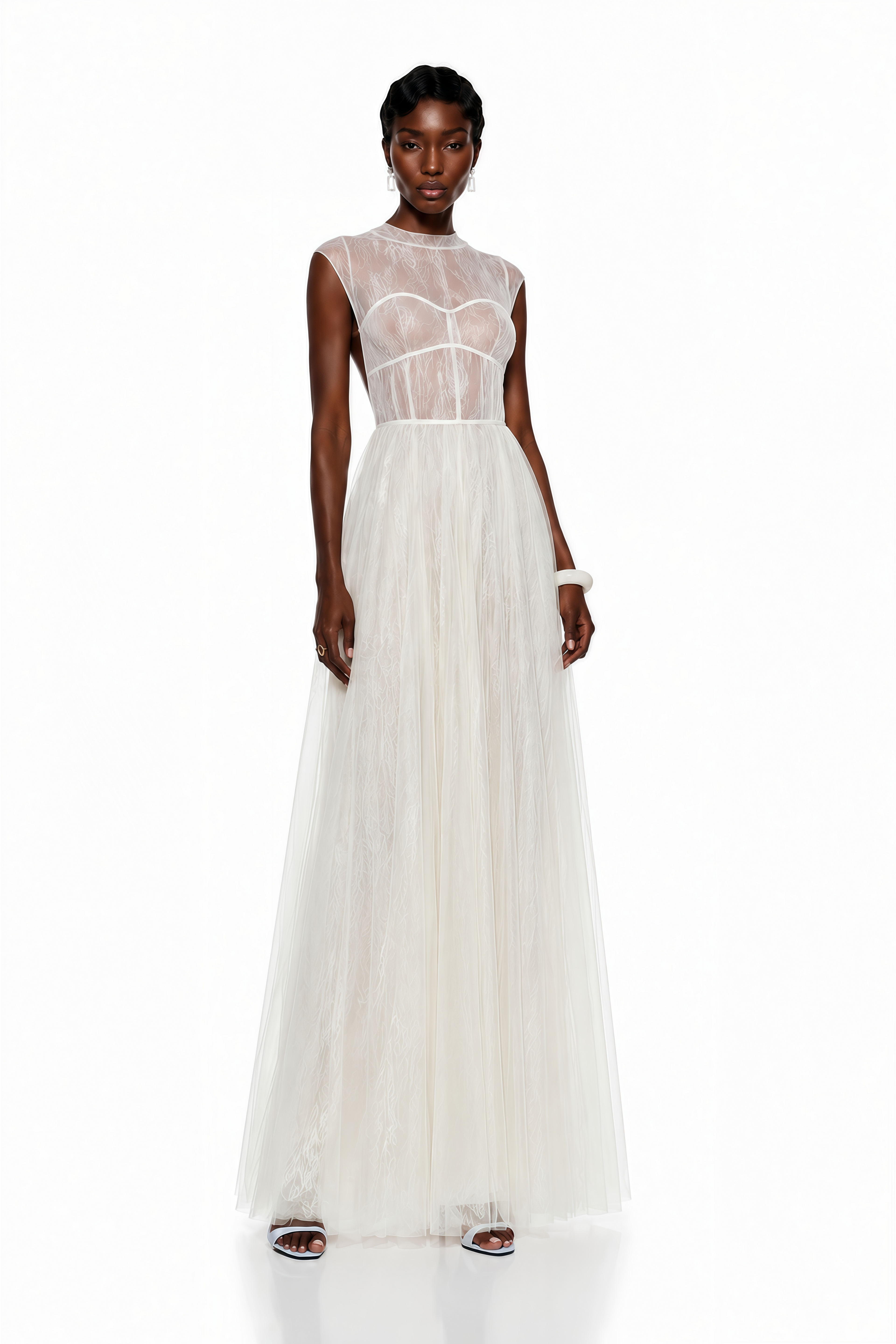Vestido midi de tul crema semitransparente Mila