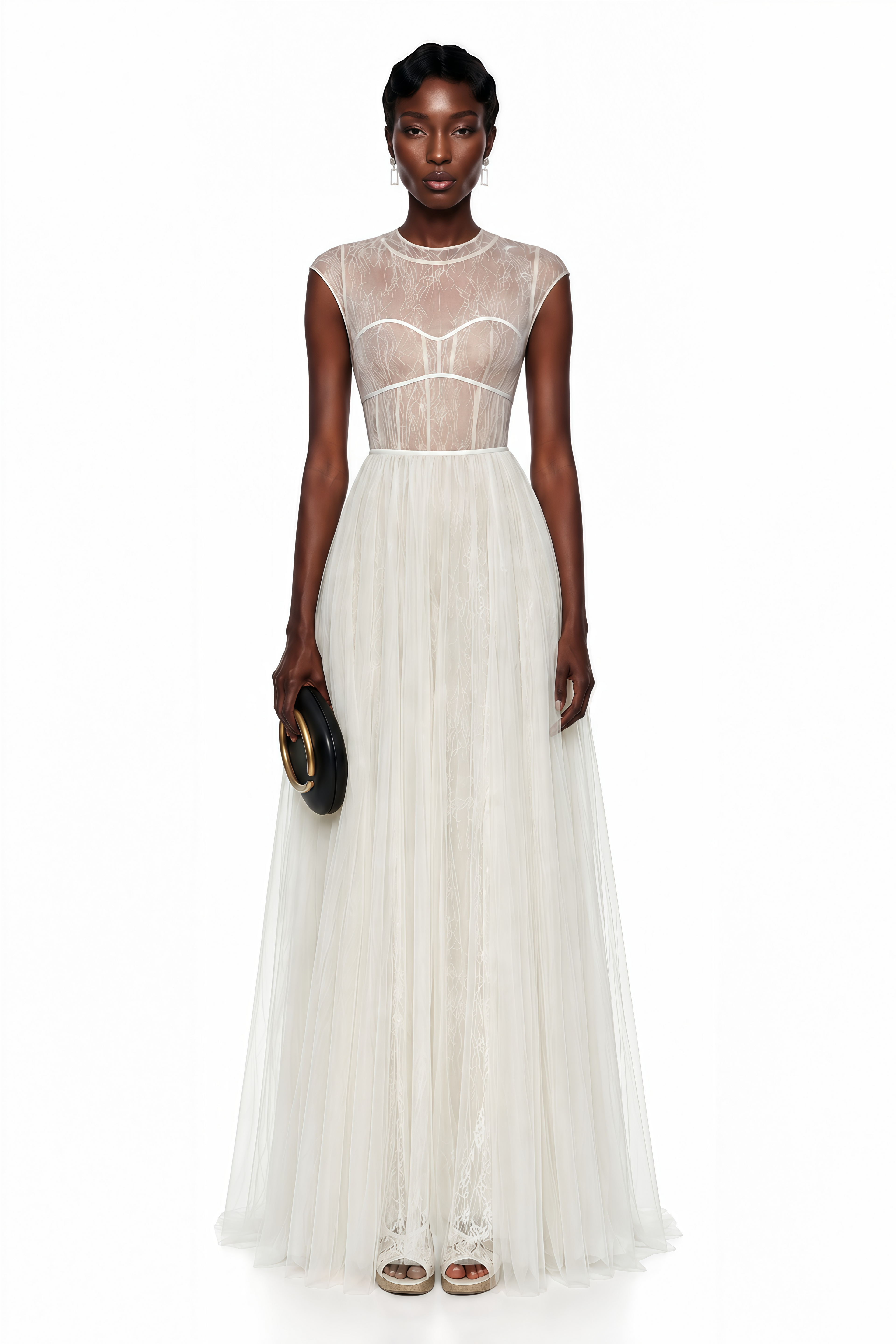 Vestido midi de tul crema semitransparente Mila