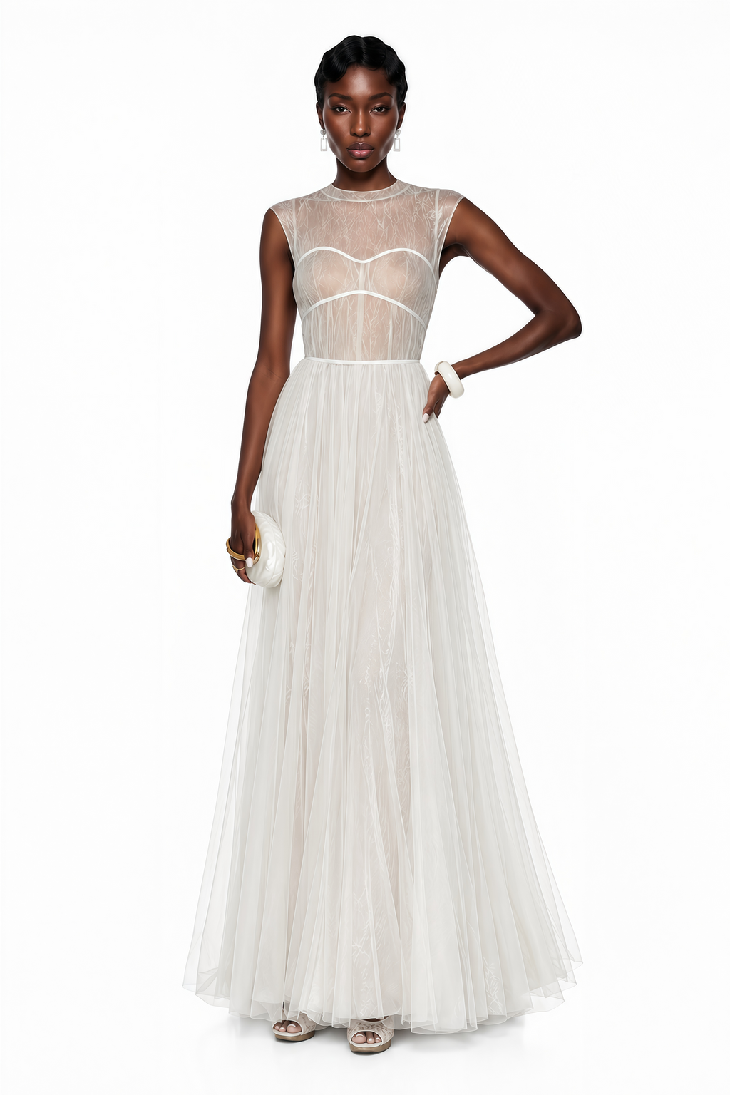 Vestido midi de tul crema semitransparente Mila