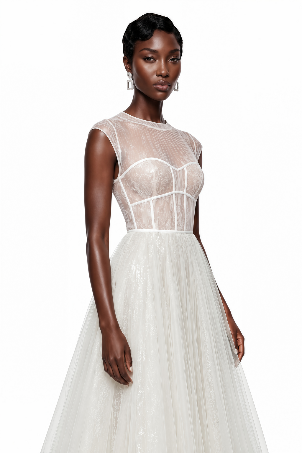 Vestido midi de tul crema semitransparente Mila
