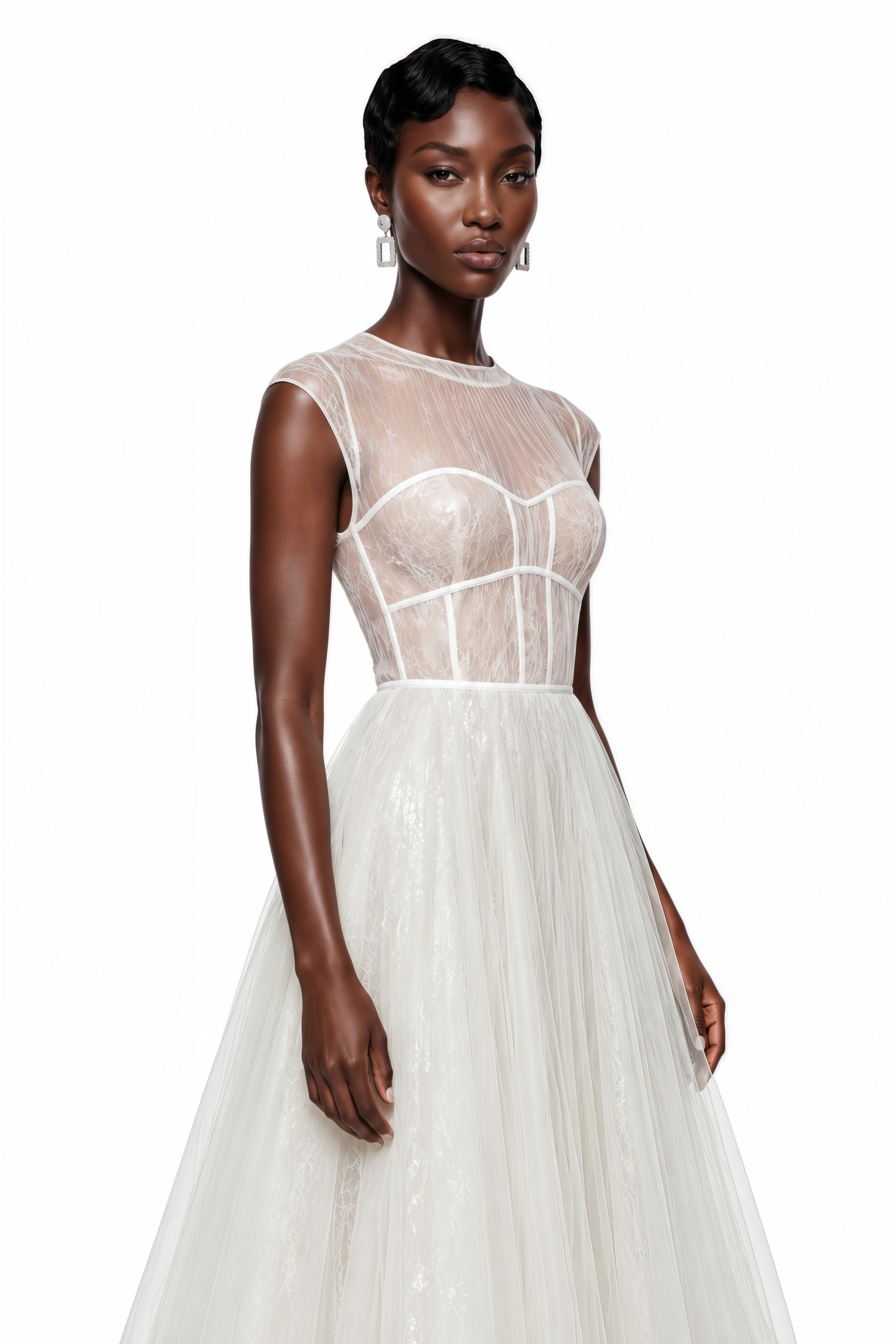 Vestido midi de tul crema semitransparente Mila