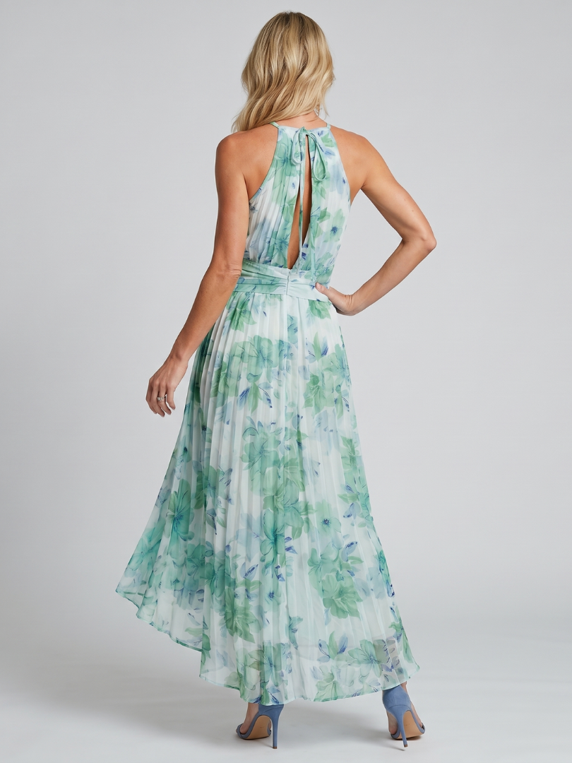 Portia | Vestido Midi de Flores com Pregas e Decote Halter