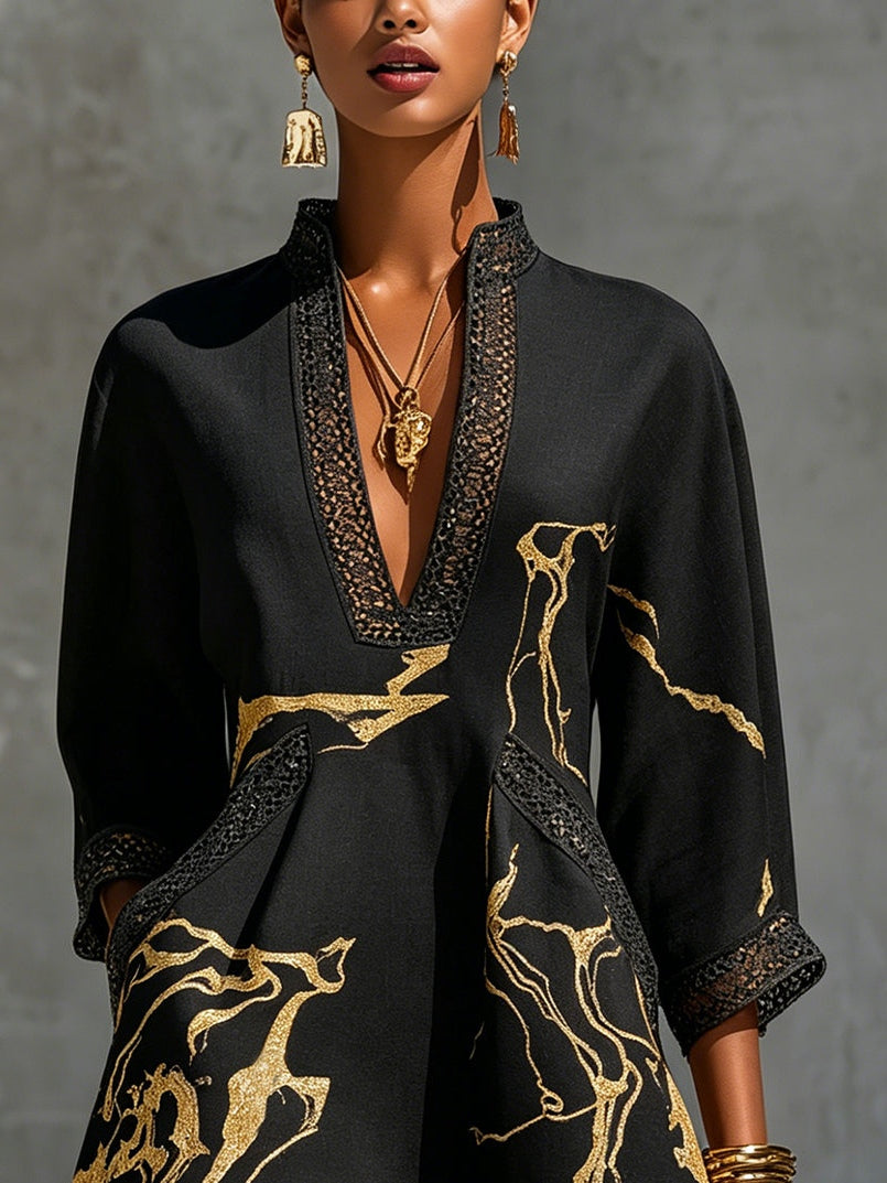 Pepa | Mini Vestido Negro con Mármol Dorado y Encaje