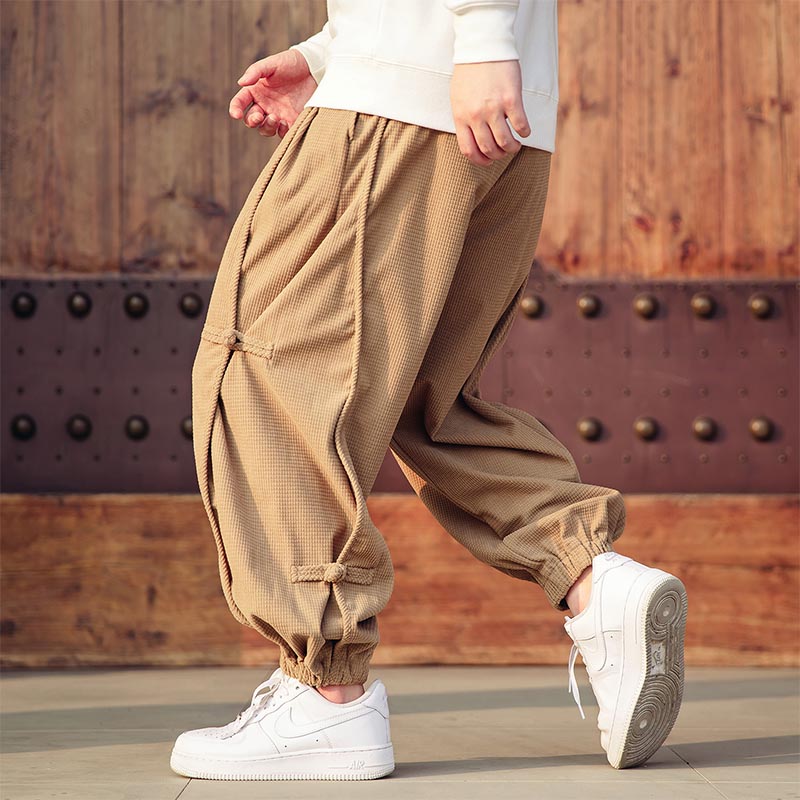 Rober - Pantalones harem informales de tejido de rombos con ribete de hebillas vintage