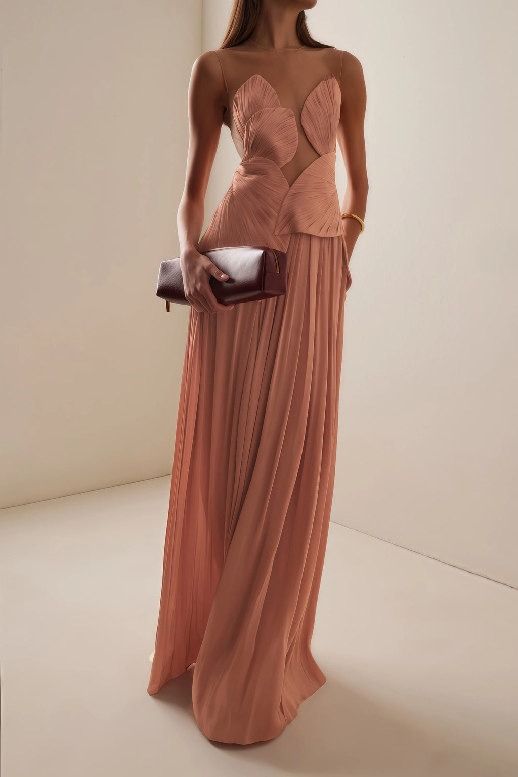 Vestido maxi verde Dalila sin espalda, asimétrico y fruncido